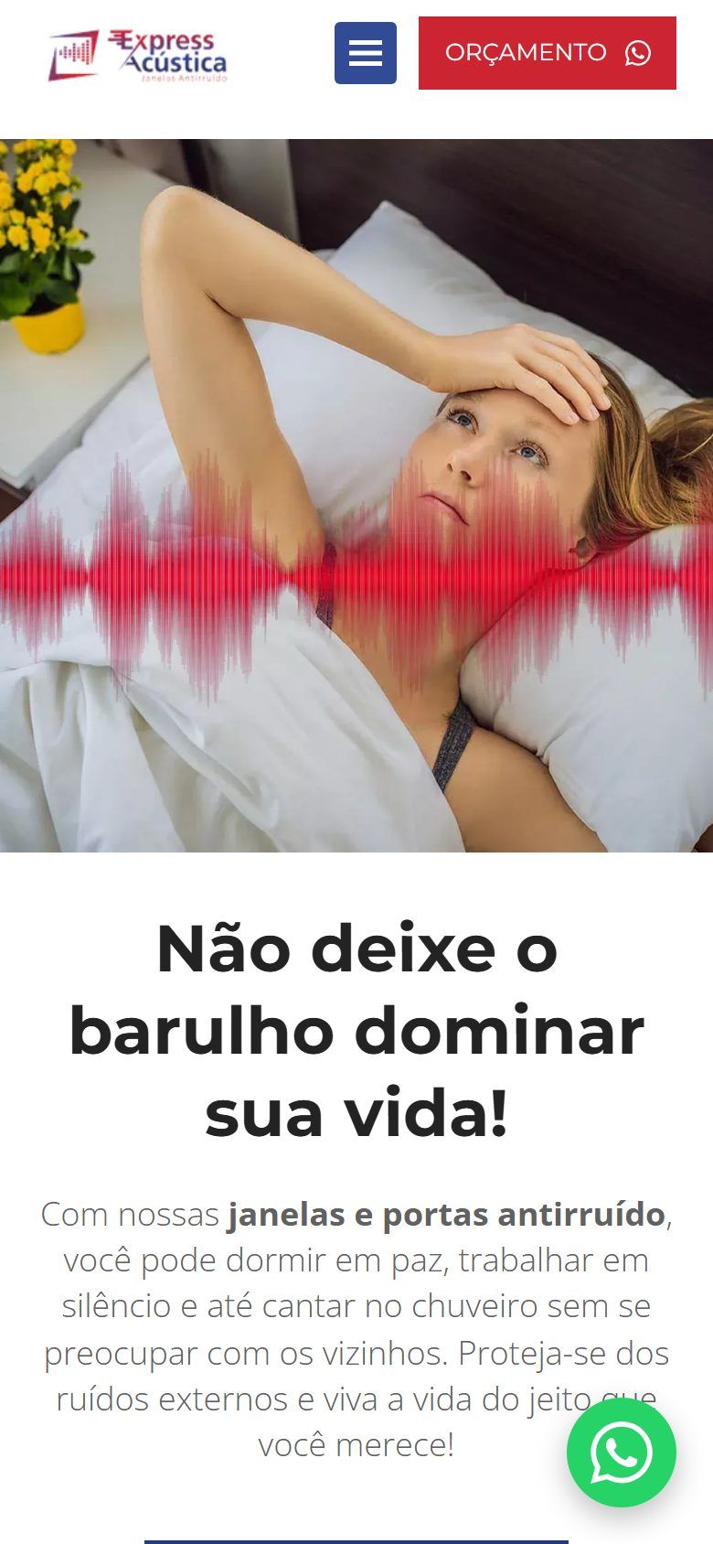 Site da Express Acústica, com o título Não deixe o barulho dominar sua vida em uma faixa vermelha e o botão Solicite orçamento, no celular