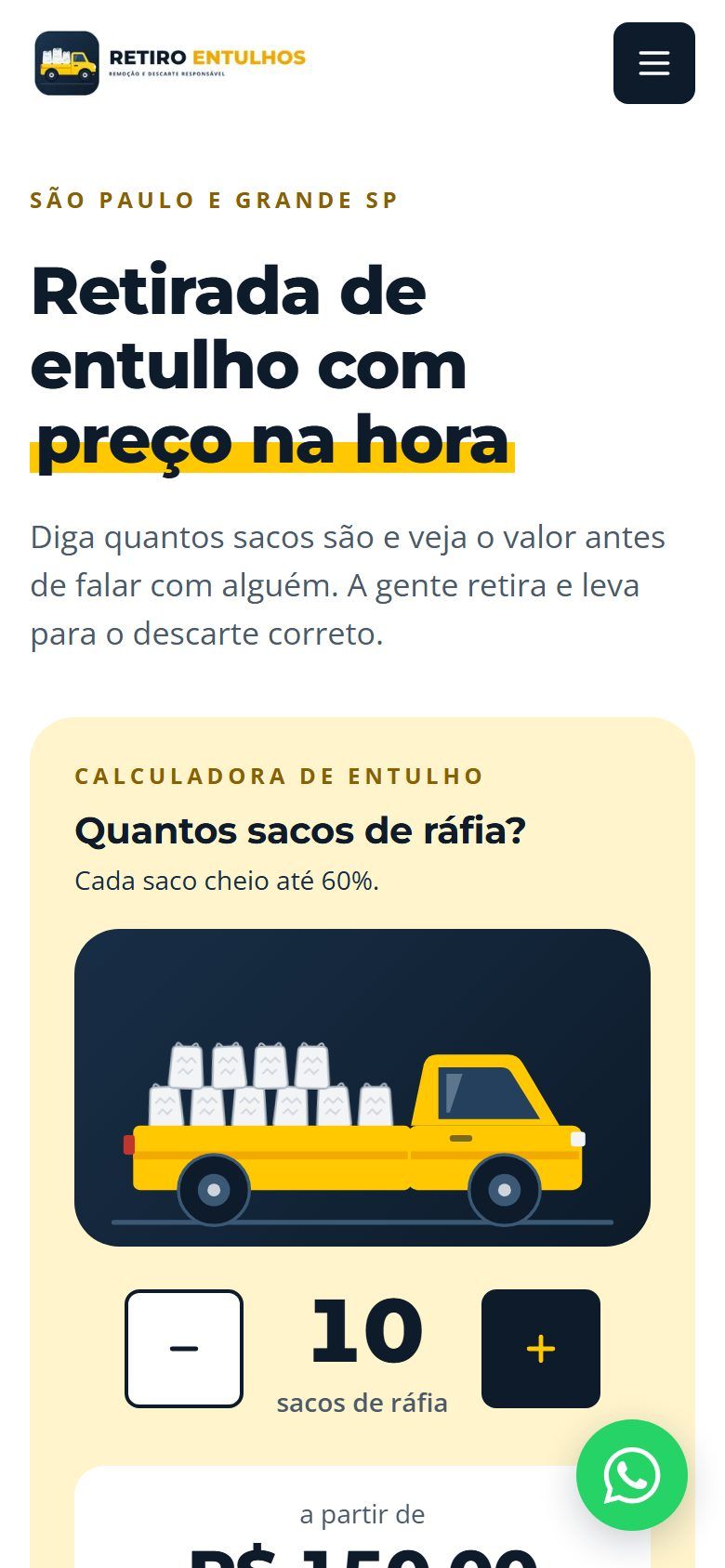 Site da Retiro Entulhos, com o título Retirada de entulho com preço na hora e a calculadora de sacos ao lado, no celular