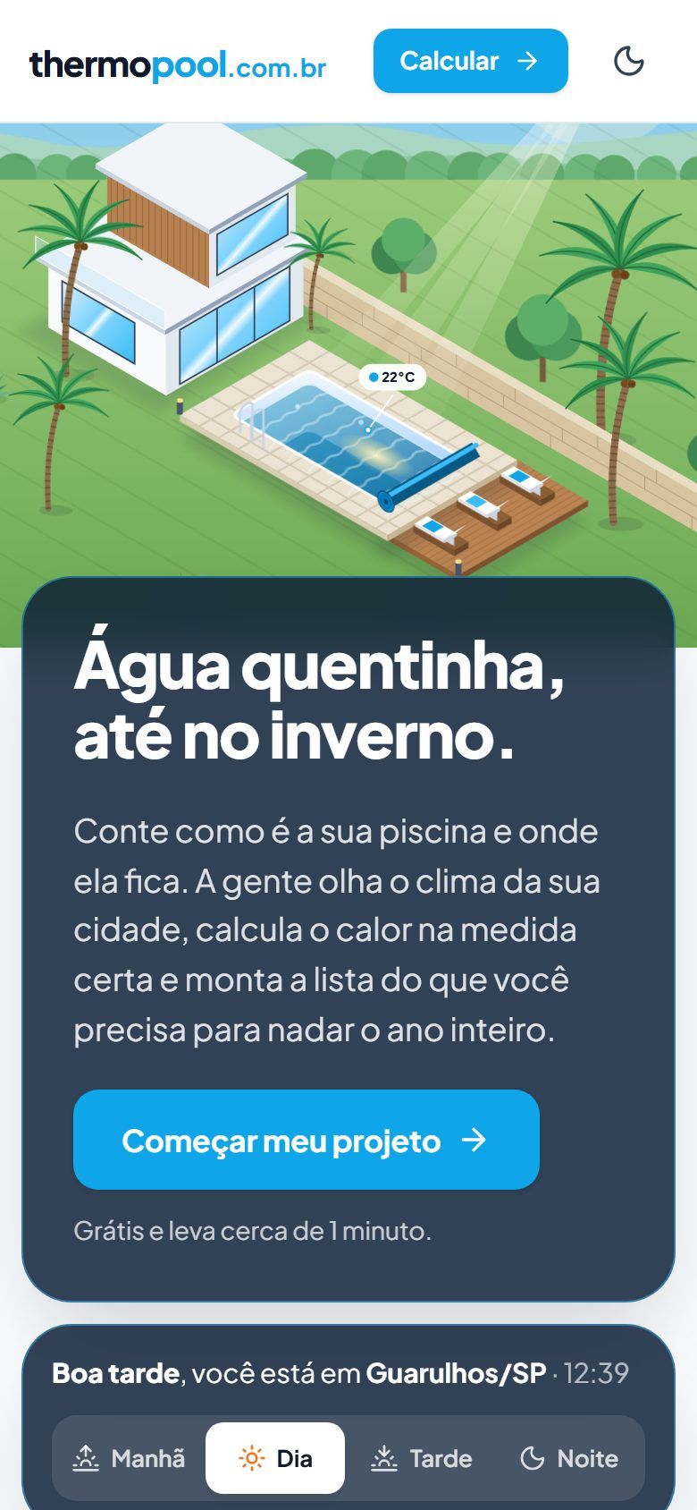 Thermopool, com o título Água quentinha, até no inverno, uma casa com piscina em ilustração e o clima de Guarulhos ao lado, no celular