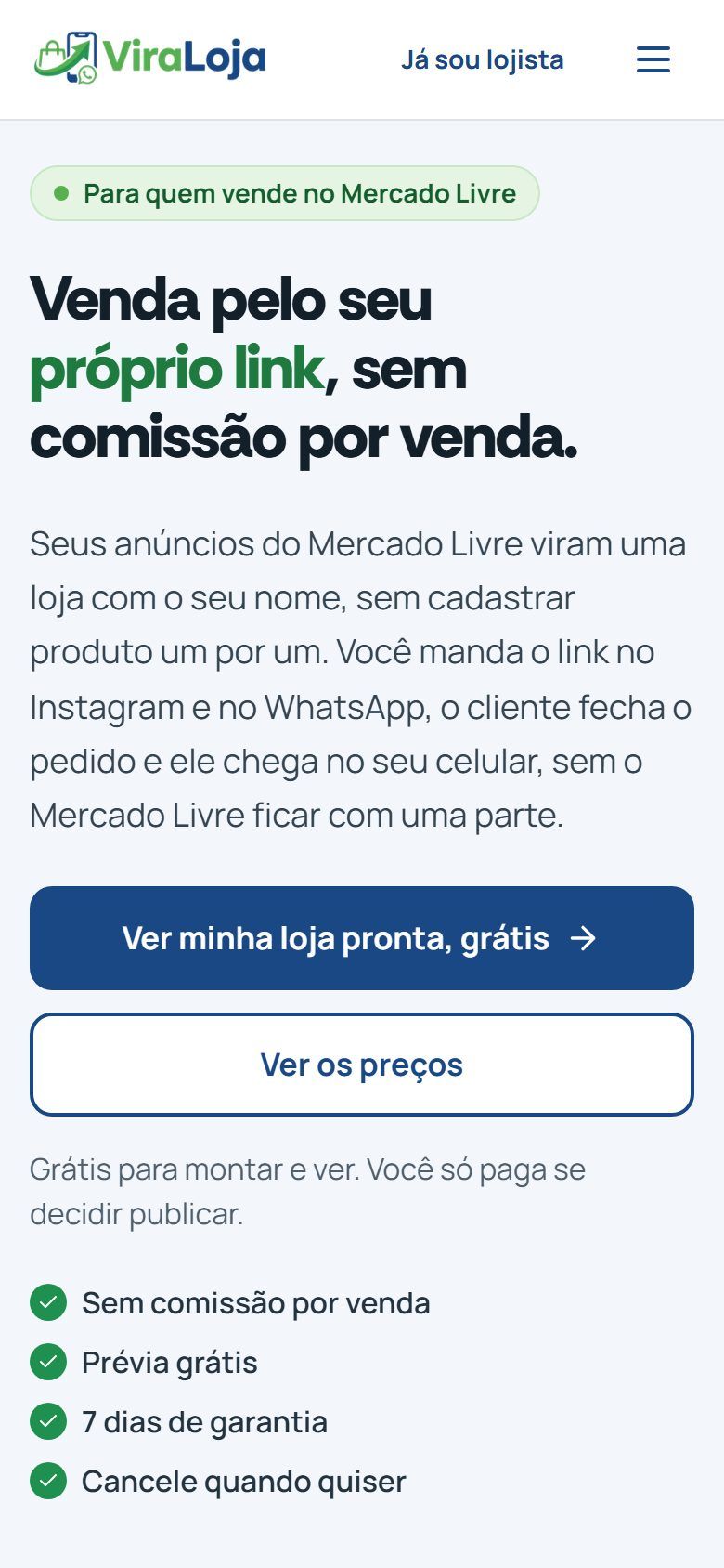 Página do ViraLoja, com o título Venda pelo seu próprio link, sem comissão por venda, e a loja de exemplo Bazar Lavanda no computador e no celular, no celular